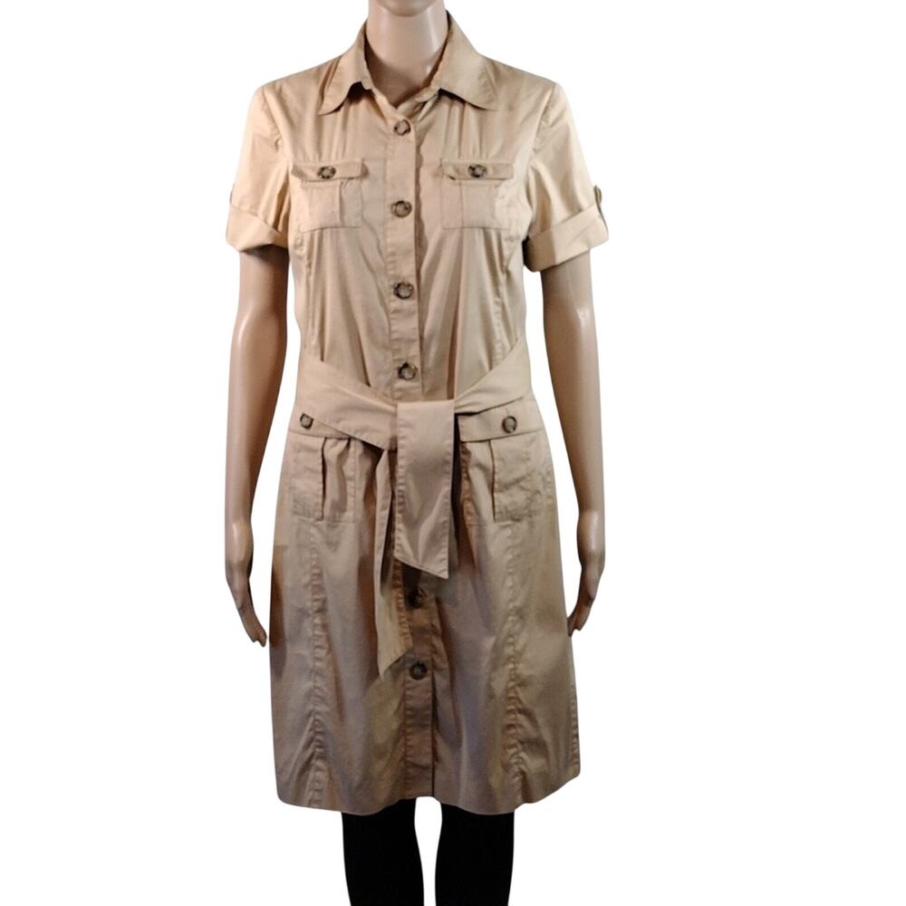 Anne Klein Dress Women’s 6P Brown Beige Stretch Button Down Knee Length Petite